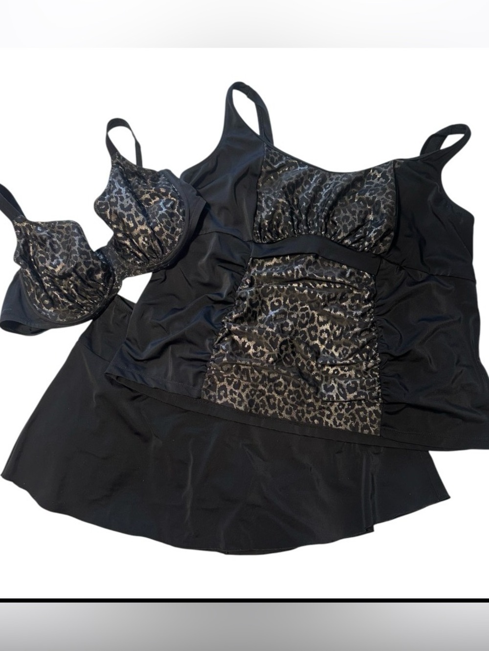 Elomi Wild Thing 3 pce Swim Set Black Gold Metallic Bikini top Tankini Swimskirt